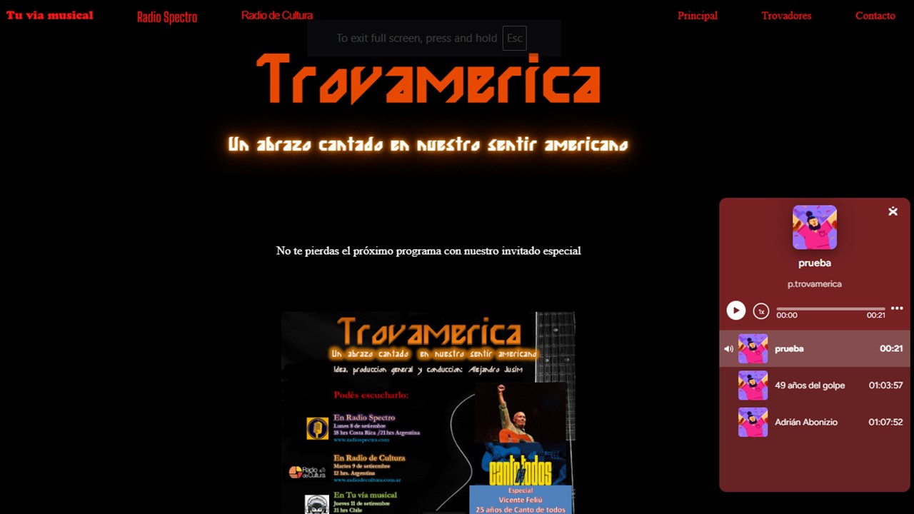 Sitio web Trovamérica para programa de radio